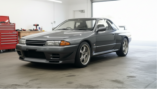 Front view of a gray car with a black bumper on a street.
