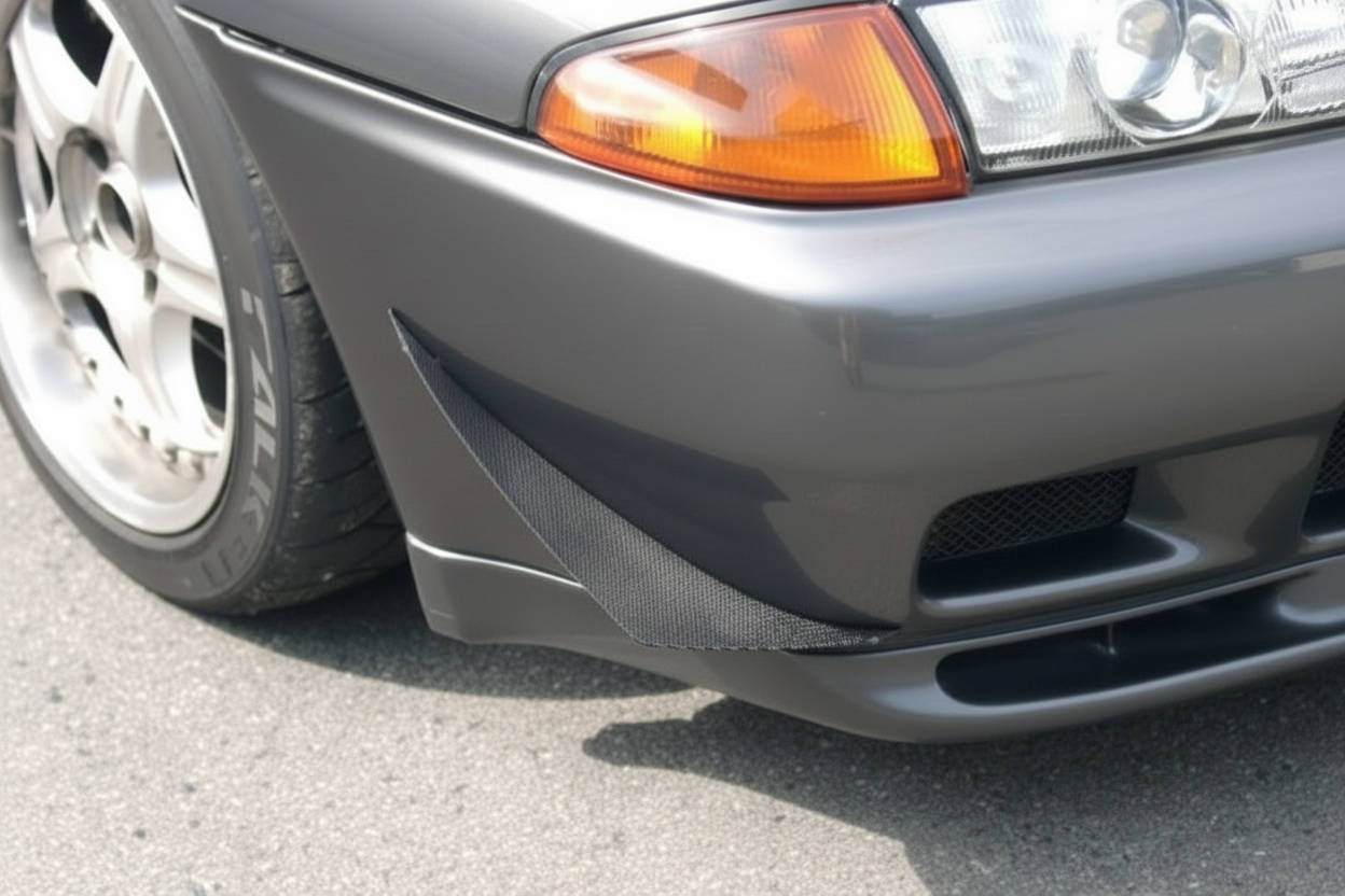 Close-up of a car's front bumper and headlight on a road.
