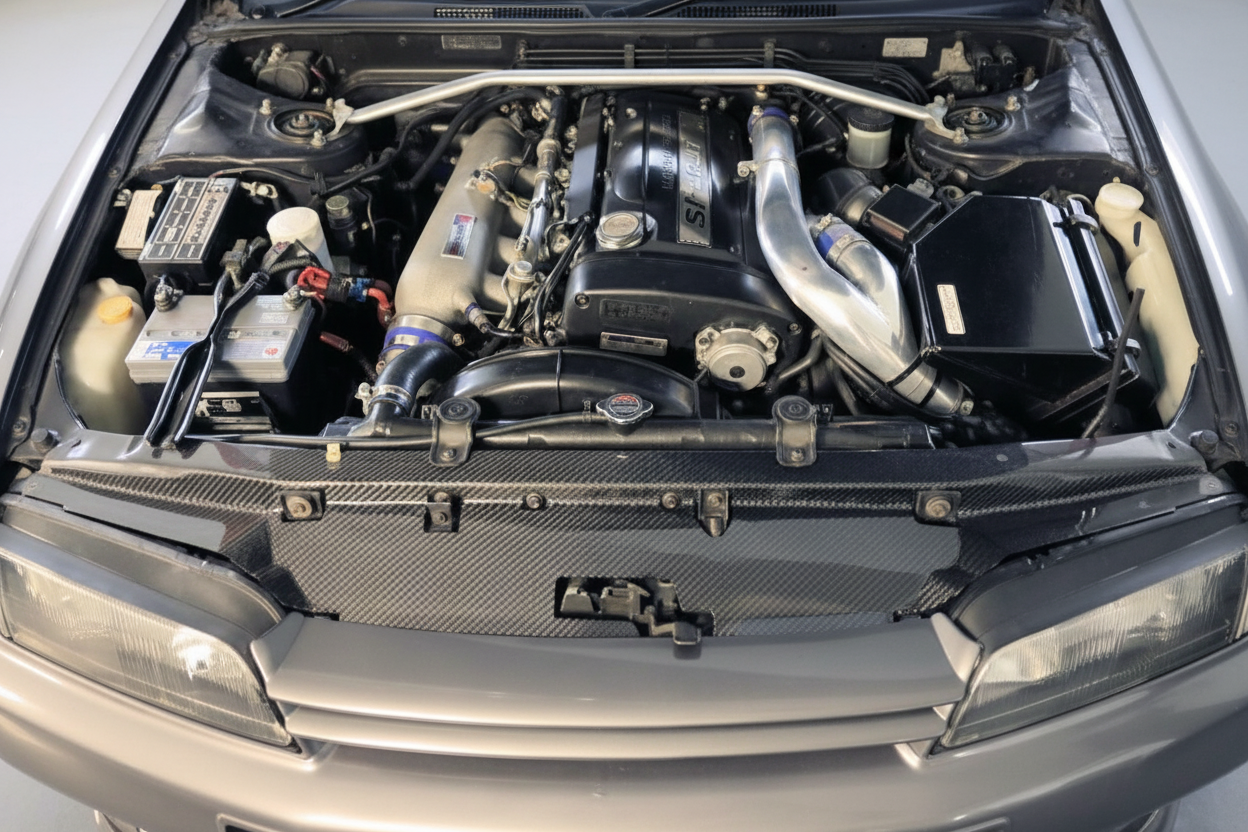 Car engine compartment with visible components