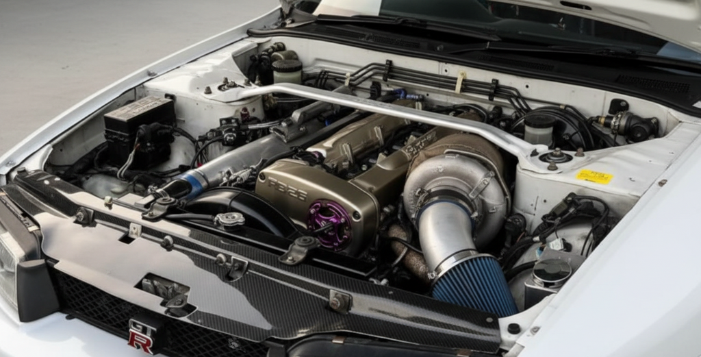 Car engine with turbocharger and 'Nissan' logo on a white background