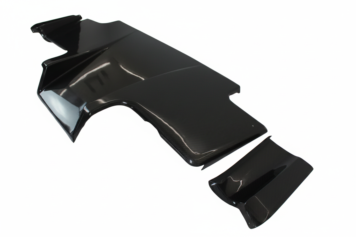 Black car body panel on a white floor
